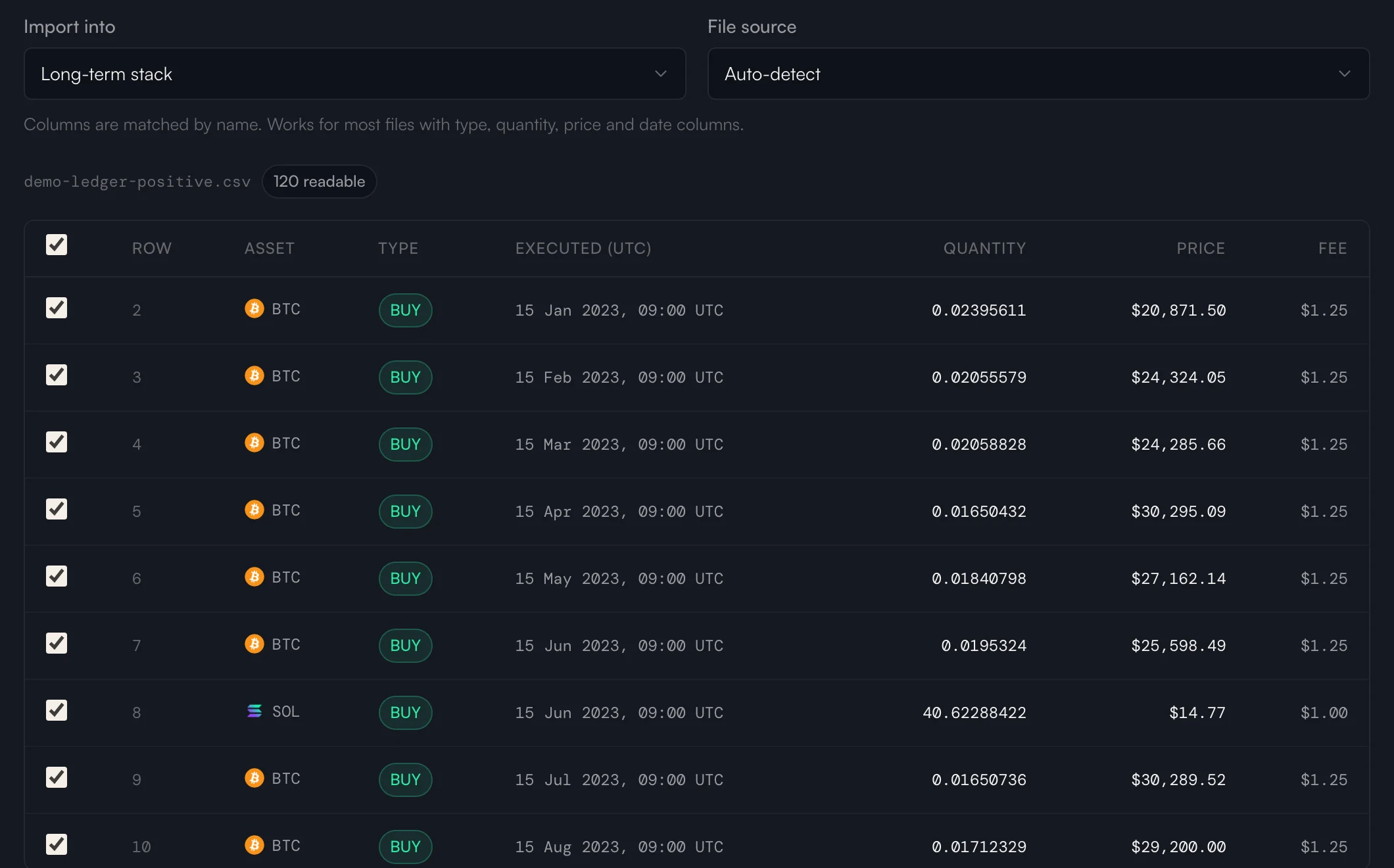 Importing a CSV: a preview of every row before anything is saved.