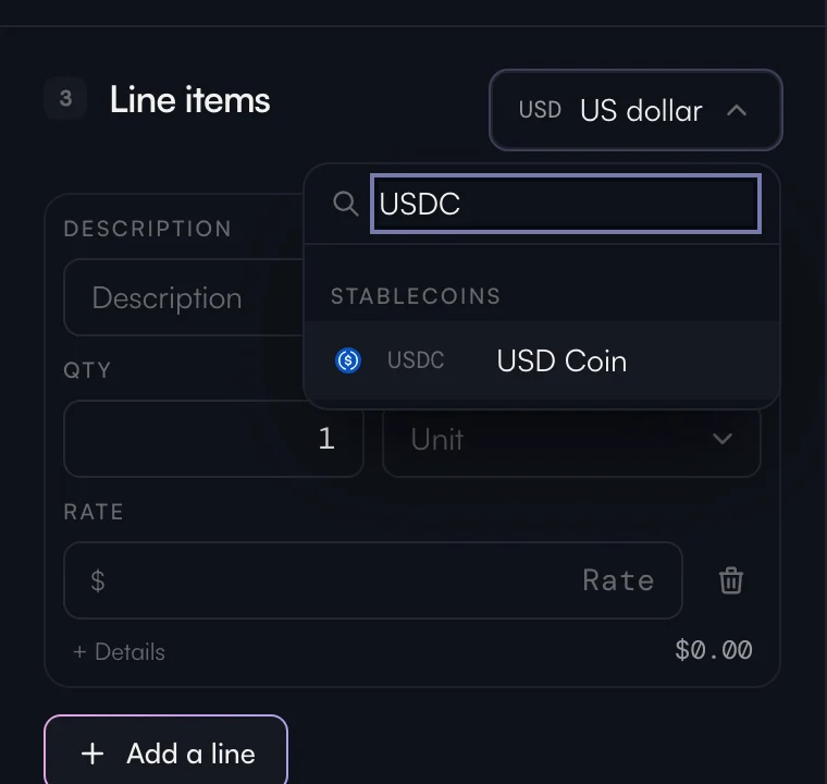 The currency list searched for USDC, with the stablecoins first.
