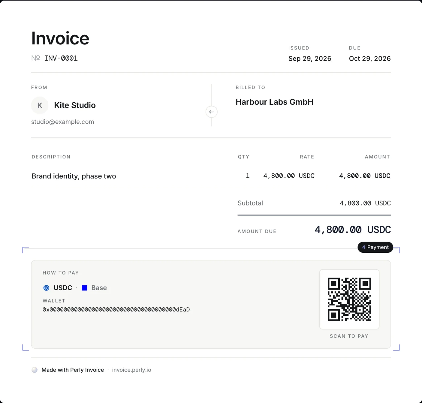 The finished invoice: sender, client, the line of work, the amount due in USDC, and how to pay, with a code to scan.