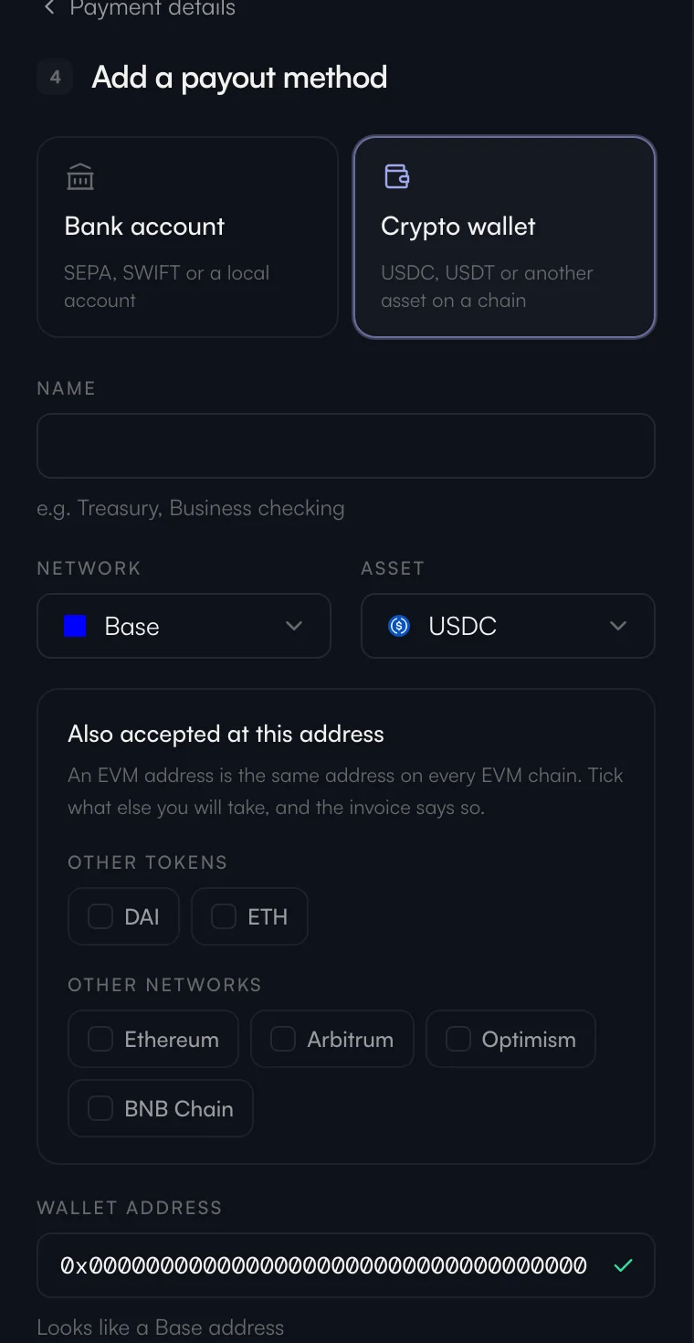 Adding a crypto wallet: its network and asset, the other tokens and networks the same address accepts, and the address checked.